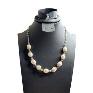 Faux Pearl Silvertone Beaded Necklace Lobster Clasp 16 - 18 inches Long